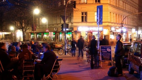 The open restaurants and bars in the streets of Neukolln in Berlin.