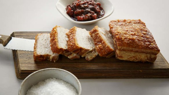 Pork belly with rhubarb chutney.