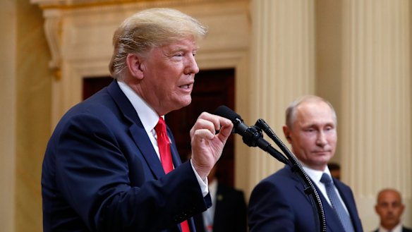 Donald Trump and Vladimir Putin at a press conference in Helsinki.