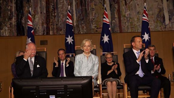Michael Bryce wipes a tear as outgoing Governor-General Dame Quentin Bryce at a reception to mark her farewell. Photo: Andrew Meares