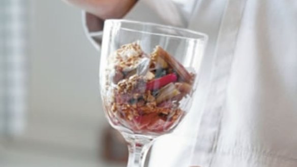 Baked rhubarb & rose compote with oat crunch & yoghurt
