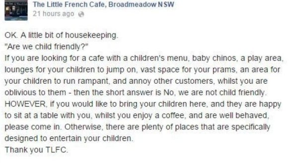 Unruly kids unwelcome: The cafe's original Facebook post, since removed.