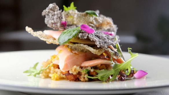 Thrifty: Rainbow trout topped with squid ink rice crisp.