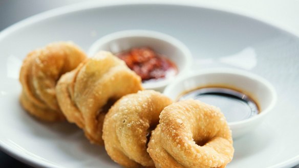 Saltbush cakes with chilli sauce at Billy Kwong.