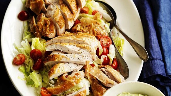 Roast chicken with tofu and avocado salsa.