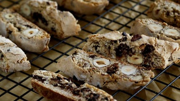 These fragrant choc chip cantuccini harden as they cool, becoming very crisp.