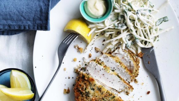 Transport yourself: Crumbed swordfish with celeriac remoulade.