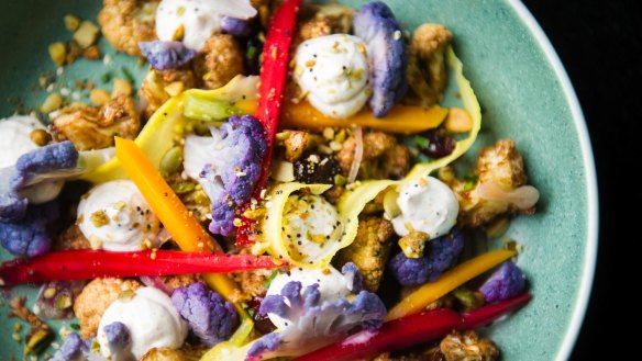 Heirloom cauliflower with labneh, cranberry, pepita, Dutch carrots.