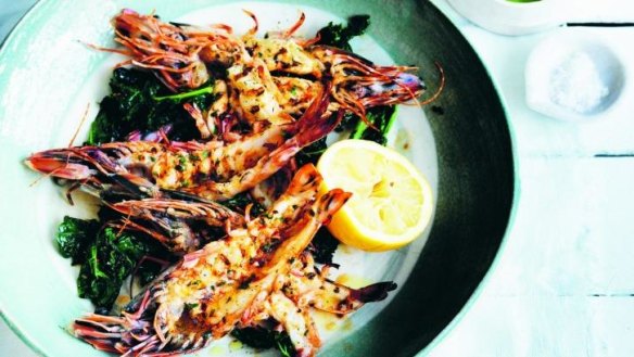 Barbecued prawns with charred kale and avocado puree.