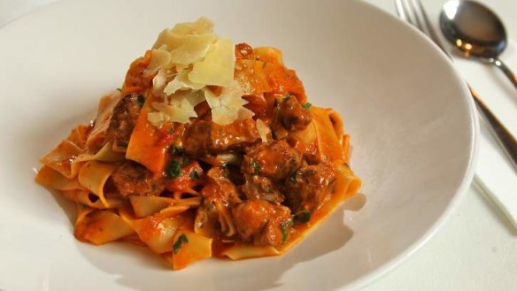 Pappardelle, slow-cooked pork ragu with tomatoes, herbs and white wine sauce.