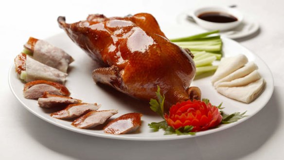 Saturday lunch: Flower Drum's famous Peking duck features in the five-course feast.