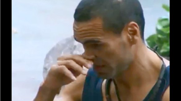Anthony Mundine crying as he addresses I'm A Celeb contestants.