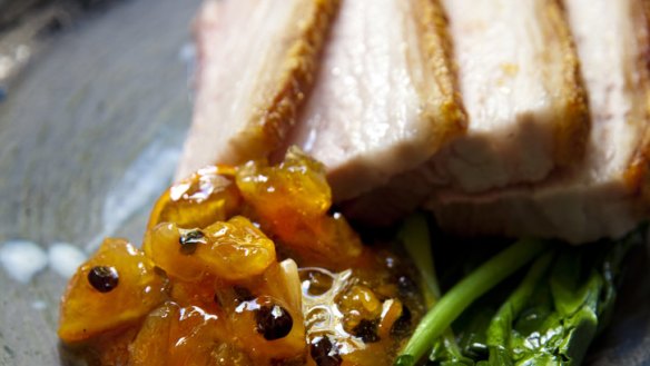 Slow-cooked pork belly with spiced cumquat chutney.