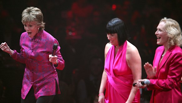 Jane Fonda, Eve Ensler and Glenn Close on stage during a performance of The Vagina Monologues in New York.