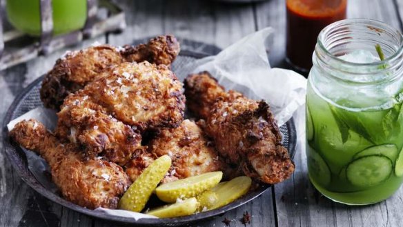 Sriracha fried chicken with pickles and Jill Dupleix's cucumber-gin cocktail to-go.