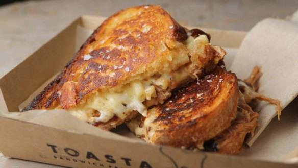 Macaroni cheese, pulled pork, caramelised onion and cheddar toastie from Toasta.