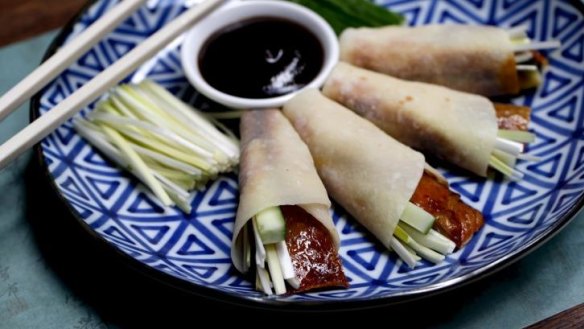 Good sort: Peking duck pancakes at Mr Wong.