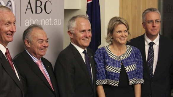 Nationals senator Bruce Scott, Chairman of the ABC Board Jim Spigelman, Communications Minister Malcolm Turnbull, Labor MP Melissa Parke, and ABC managing director Mark Scott launch the Parliament Friends of the ABC group.