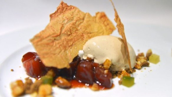 A dish from Prix Fixe's "Hansel and Gretel" menu: Quince,gingerbread, macadamia crumble.