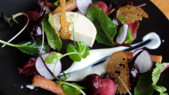 Smoked eel parfait with beetroot and horseradish cream.