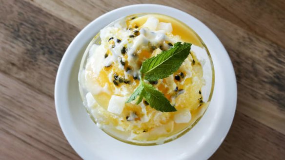 Go-to dessert: Shaved ice mountain with mango and passion milk.