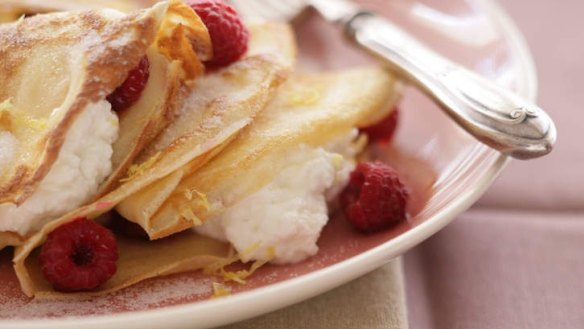 Crepes with fromage blanc, raspberries and a splash of Framboise.