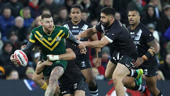 Two for the good: Josh Dugan scored a double in the Four Nations final against New Zealand.