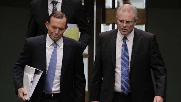 Prime Minister Tony Abbott and Immigration Minister Scott Morrison arrive for question time on Wednesday. Photo: Andrew Meares