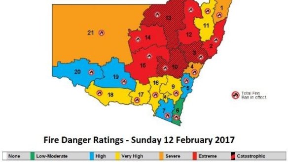 Red alert: An upgraded fire warning for NSW released by the Rural Fire Service on Sunday.