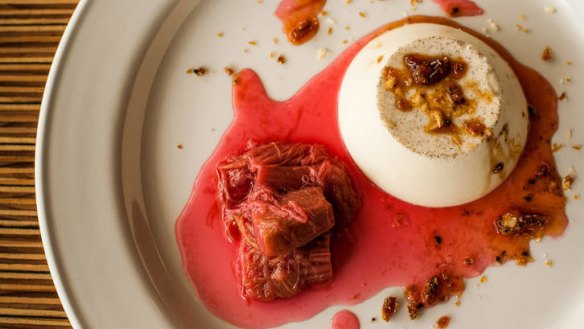 Spiced panna cotta with rhubarb.