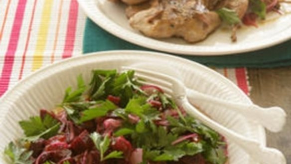 Barbecued quail with beetroot and date salad
