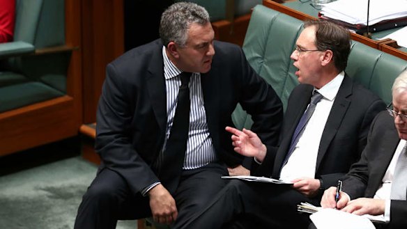 Treasurer Joe Hockey and Environment Minister Greg Hunt during QT. Photo: Alex Ellinghausen