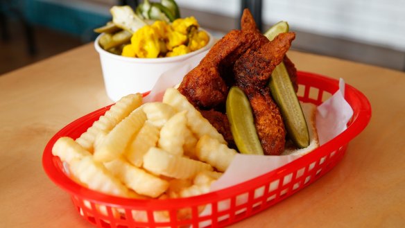 Crinkle cut chips at Belle's Hot Chicken. 