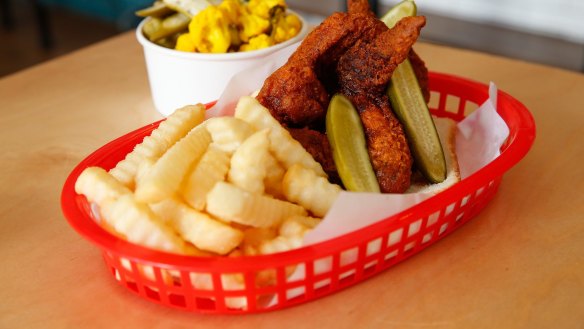 Crinkle cut chips at Belle's Hot Chicken. 