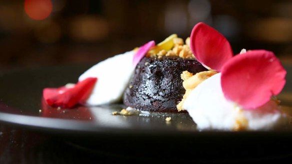 Dark chocolate fondant, rose petals, buffalo yoghurt and honeycomb.