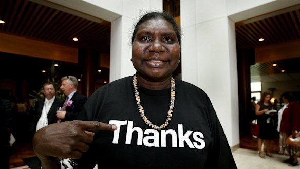 Member of the Australian Reconciliation Board Raymattja Marika wears a shirt saying thanks in response to the Prime Minister Kevin Rudd's apology to the Stolen Generation