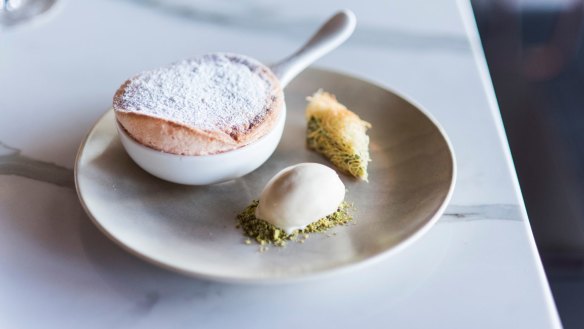 Turkish delight souffle with pistachio baklava and halva ice-cream.