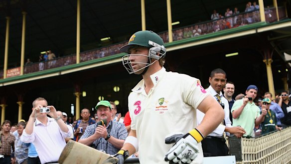 Phillip Hughes walks out to bat in a Test  at the SCG in 2010. 