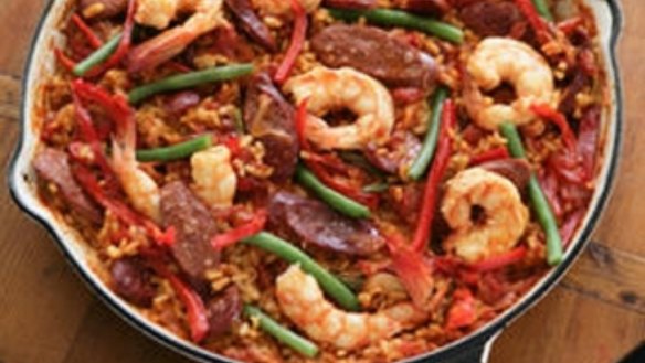 Paella with prawn and chorizo