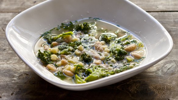 Broccoli and bean soup with pecorino.