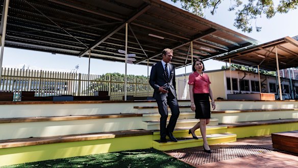 Premier Gladys Berejiklian and Education Minister Rob Stokes at a temporary school in Ultimo.