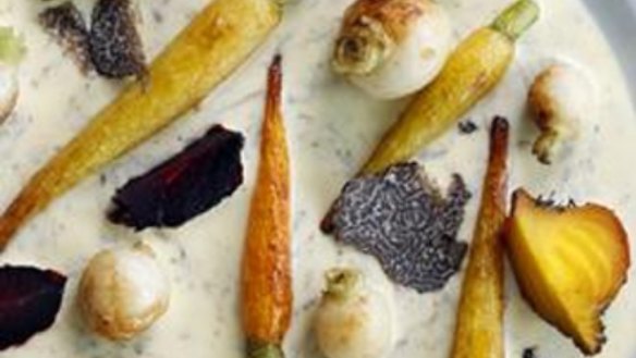 Roast young vegetables with truffle parmesan sauce