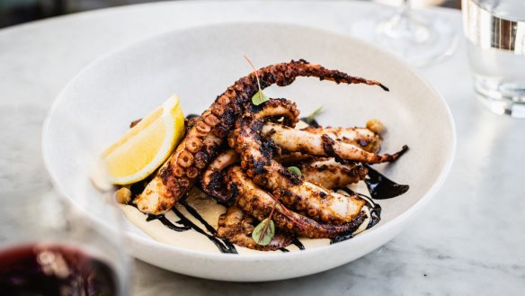 Char-grilled pale octopus with roasted chickpeas and tahini at Love.Fish, Barangaroo.
