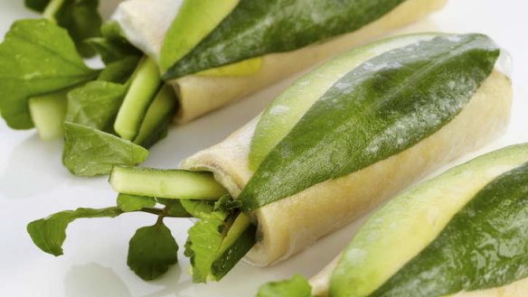 Nahji Chu's vegetarian omelet and caramelised onion rice paper rolls.