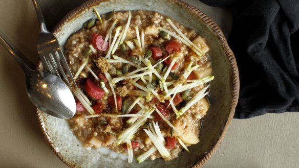 Five-grain porridge topped with apple shards and rhubarb at Pinbone cafe.