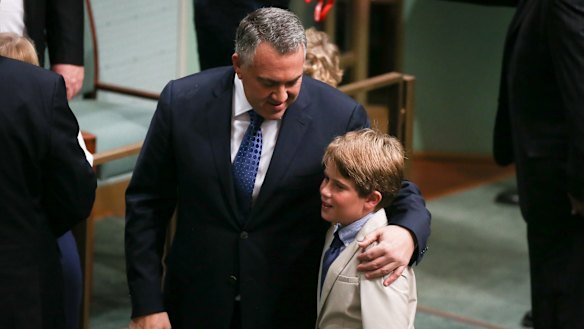 Treasurer Joe Hockey and his son Xavier Hockey in the House of Representatives on Tuesday.