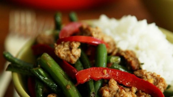 Wok-fried green beans with chilli pork.