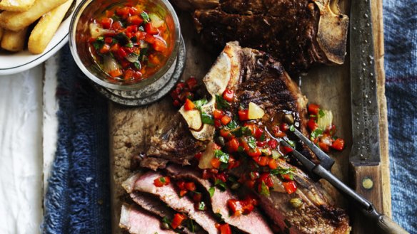 Cooler days bring out cravings for heartier fare, such as tender T-bone with red pepper and lemon salsa.