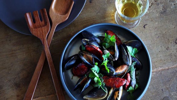 Terrific live: Beer-steamed mussels with chorizo.