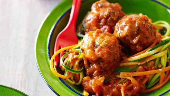 Peter Evans' vegetable-replacement, gluten-free spaghetti with meatballs.